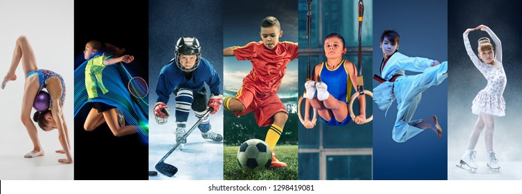 Attack. Sport collage about teen or child athletes or players. The soccer football, badminton, ice hockey, figure skating, karate martial arts, rhythmic gymnastics. Little boys and girls in action or - Powered by Shutterstock