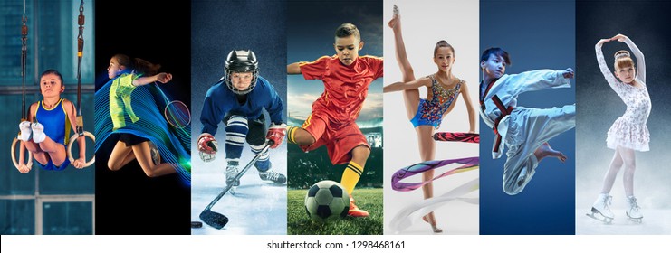Attack. Sport collage about teen or child athletes or players. The soccer football, badminton, ice hockey, figure skating, karate martial arts, rhythmic gymnastics. Little boys and girls in action or
