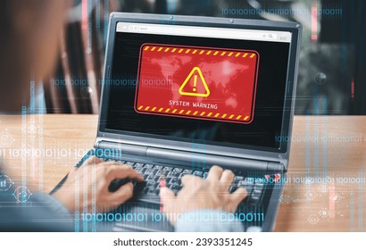 Attack system warning hacked alert on computer screen, cyber scam. Cybersecurity vulnerability identity technology internet, danger virus, data breach, malicious. Fraud cybercrime security attention