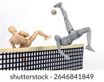 Attacker figurine performs dynamic sunback spike and blocking  in sepak takraw, showcasing agility and balance. figure is mid air, emphasizing athleticism and motion against white background