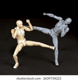 Attacker kicks with the right. Defender steps diagonally, blocks with left arm, ducks slightly, then left kicks the attacker's support leg.