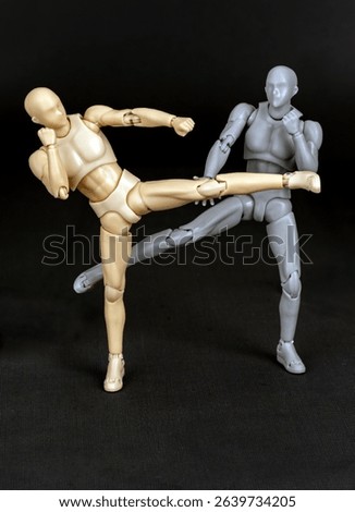 Attacker push-kicks with the right. Defender sidesteps diagonally, parries with right arm, then spins and counters with a left kick.