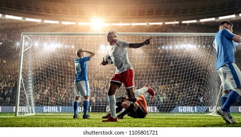 Attacker scores a goal, sending a ball past defenders and a goalkeeper on a professional soccer stadium. Stadium and crowd are made in 3D.