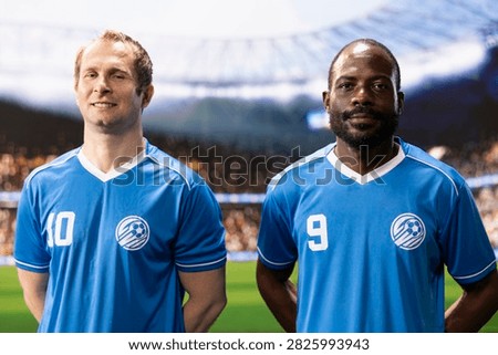 Attacking players stand side by side in a stadium lineup, wearing blue jerseys before the soccer match