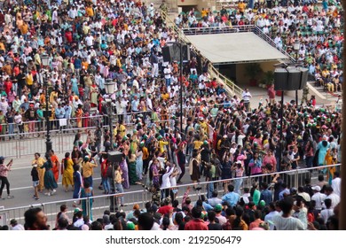 Attari, Punjab - June 1, 2022: Indian People Dancing At The Attari (Wagah) Border Ceremony Show