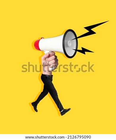 Attention. Contemporary art collage. Composition with business man with hand instead body holding megaphone sounds like a siren. Concept of art, surrealism, news, news, info. Copy space for ad, text