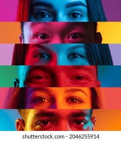 Attentive look. Close-up. Collage of cropped multiethnic male and female eyes placed on narrow stripes in neon lights. Concept of human emotions, facial expressions, ad