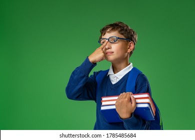 Attentive Smart Boy With A Backpack Adjusts His Glasses. Modern Schoolboy. The Child Tries To See Through The Glasses. Vision Problem. Poor Eyesight. First Time At School. Back To School.