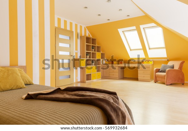 Attic Bright Bedroom Interior Striped Wallpaper Stock Photo