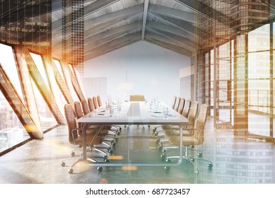 Attic Conference Room Interior With A Long Table, Rows Of White Chairs Near It And Glass Doors. 3d Rendering Mock Up Toned Image Double Exposure