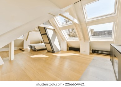 an attic style room with wood floors and skylights on the roof, looking towards the living area to the bedroom