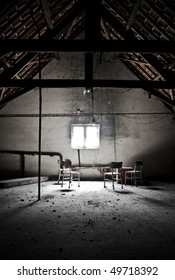 A Attic Waiting For People To Arrive To Have Some Kind Of Secret Meeting. Very Moody Scenery Because Of The Way The Light Is Spreading Over The Place.