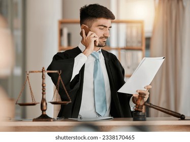 Attorney man, scales and hammer with phone call, documents and reading with thinking for crime analysis. Advocate, lawyer or judge with legal research, paperwork and networking for court evidence - Powered by Shutterstock