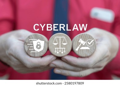 Attorney using virtual touch screen push inscription: CYBERLAW. Cyberlaw - information technology law concerns law of information technology, including computing and internet, word cloud concept.