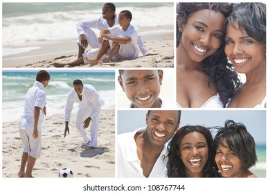 An Attractive African American Family Of Mother, Father, Two Sons And Daughter Outside Active At The Beach Having Fun In Summer Sunshine, Playing, Smiling, Laughing