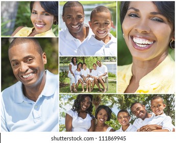 Attractive African American Family Mother, Father, Sons And Daughter Outside Having Fun In The Summer Sunshine, Smiling, Happy Relaxing, Sitting