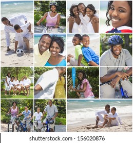 An Attractive African American Family Of Mother, Father, Two Sons And Daughter Outside Active Having Fun In Summer Sunshine, Playing At The Beach, Cycling, Relaxing, Smiling, Laughing