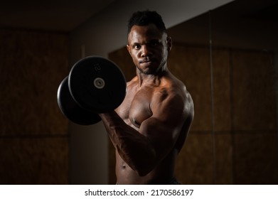 Attractive African American Man Doing Biceps Exercise With Dumbbells. 