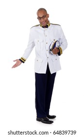 Attractive African American Young Male Cruise Ship Steward Inviting . Studio Shot. White Background.