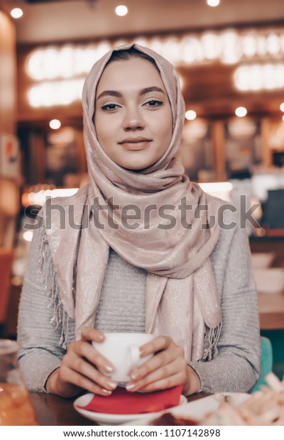 Attractive Arab Girl Hijab Drinks Fragrant Stock Photo Edit Now