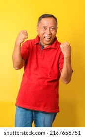 Attractive Asian Senior Man Wearing Casual Shirt Celebrating Success With Arms Raised And Beamed Teeth. Yes, Oh Yeah Moment. 