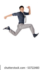 An attractive athletic businessman jumping up against white background - Shutterstock ID 53722483