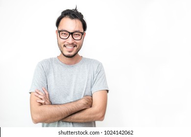 Attractive Beautiful Smiling Positive Nerd Man - Close Up Portrait Asian Beard Nerdy Man With Crossed Arms Isolated On White Background.