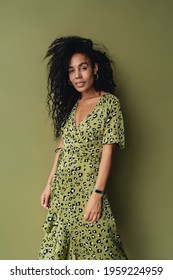 Attractive Black African American Woman Posing In Stylish Green Leopard Printed Dress Isolated On Green Studio Background, Summer Fashion Trend, Happy Smiling Curly Hair