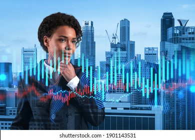 Attractive Black Woman Trader And Stock Market Analyst In Suit Dreaming About Market Behavior And Forecast In Crisis. Women In Business Concept. Forex Chart. Singapore. Double Exposure.