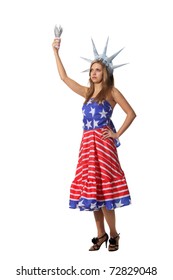 Attractive Blond Woman In Costume Statue Of Liberty