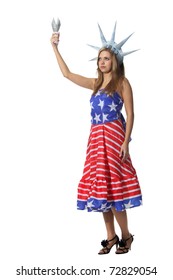 Attractive Blond Woman In Costume Statue Of Liberty