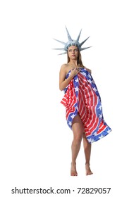 Attractive Blond Woman In Costume Statue Of Liberty