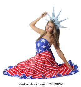 Attractive Blond Woman In Costume Statue Of Liberty