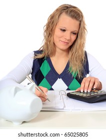 Attractive Blonde Woman Crunching Numbers. All On White Background