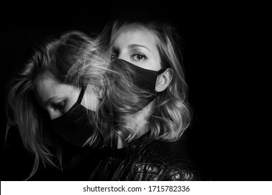 Attractive Blonde Woman Face Black Mask. Dark Mood Background. Environmental Disaster Polluted Air. Virus Protection Covid Corona Long Exposure Creative Artistic Black And White Double Portrait Badass