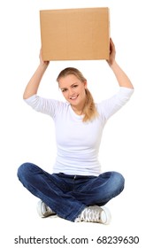 Attractive Blonde Woman Lifting Moving Box. All On White Background.