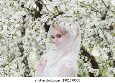 an attractive bride in a lace dress and a veil smiles near the flowering trees in the park