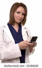 Attractive Brunette Young Female Doctor Holding A Black Pager Over White