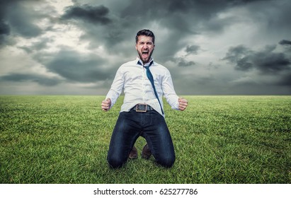 Attractive Business Man Is Celebrating On His Knees On A Big Meadow