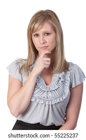 Attractive Business Woman Rubbing Her Chin, With A Quizzical Look. Set On White Background.