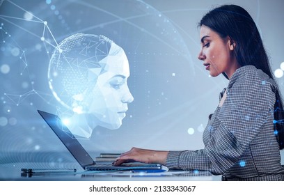 Attractive businesswoman in formal wear with robot face at laptop screen. Digital interface with line connection and head with virtual globe in the foreground. Concept of artificial intelligence