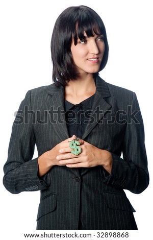 An attractive businesswoman holding up a money symbol