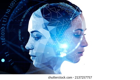 Attractive businesswoman with robot face on white background. Digital interface with binary code and head with virtual globe in the foreground. Concept of artificial intelligence. Copy space - Powered by Shutterstock