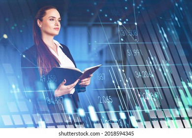 Attractive businesswoman or stock traders analyzing stock data to apply new strategy to beat the market. Holding notes in notebook, rates and candlesticks, internet trading - Powered by Shutterstock