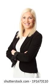 Attractive businesswoman wearing a black jacket and white shirt. White background.