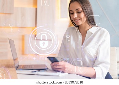 Attractive businesswoman in white shirt checking cyber security using smart phone to protect clients confidential information. IT hologram lock icons over modern office background.