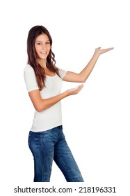 Attractive Casual Girl Showing Something Isolated Stock Photo 218196331 ...