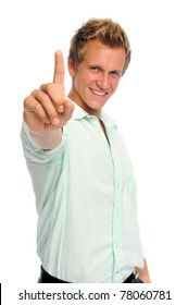 Attractive Caucasian Man Makes A Number 1 Hand Gesture