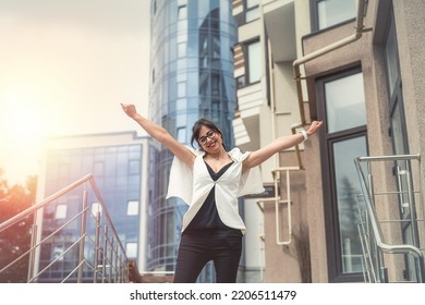 Attractive CEO Senior Business Woman Executor Of Important Errands .portrait Posing Standing Outside Workplace In City Center. Woman In Business