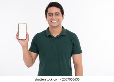 Attractive cheerful young man showing mobile phone. - Shutterstock ID 2057058635
